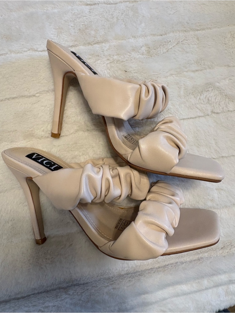 VICI Blush Ruched Slide Heels in Light Beige